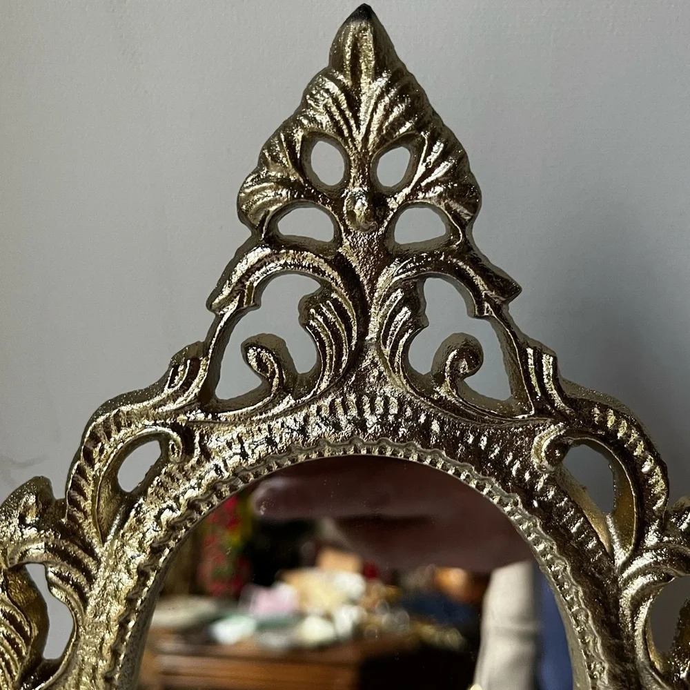 Ornate Vanity Mirror Oval metal Frame Scrollwork Tabletop Stand..